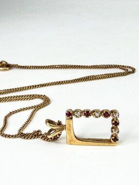 Vintage 14K Gold Ruby Diamond Open Rectangle Pendant Necklace 3.5g; 15.5" JR2068